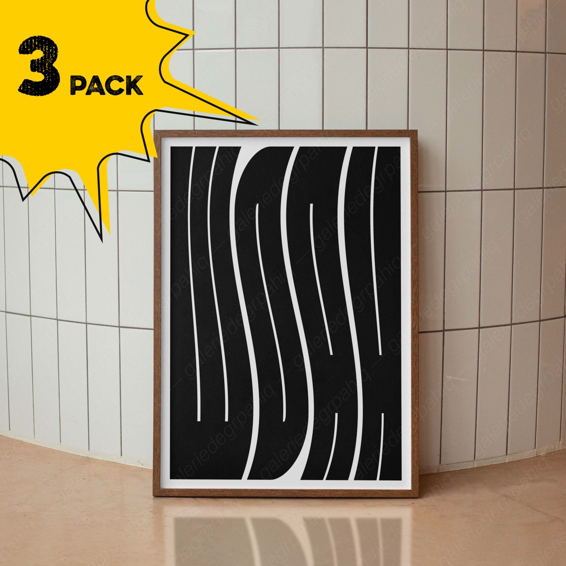Abstract Black Wavy Lines Minimalist Bold Modern Art 3 Pack Poster