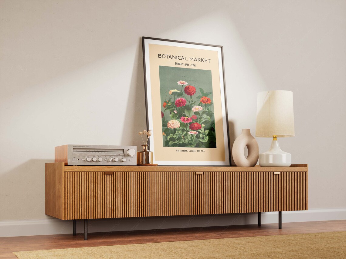 Botanical Market London Zinnia Flowers Vintage Style Floral Poster - Image 2