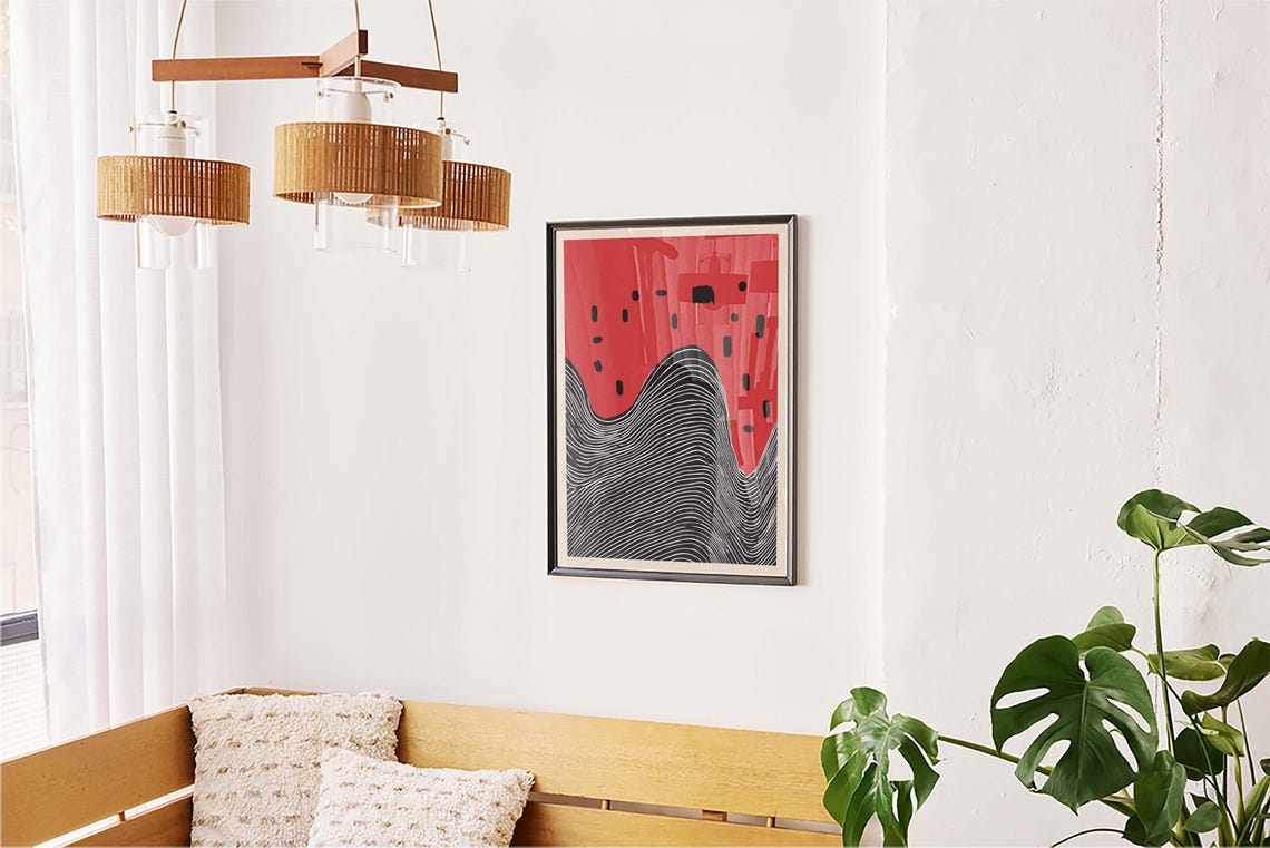 Black Dashes On Red Bold Abstract Wavy Stripes Mid Century Poster - Image 5