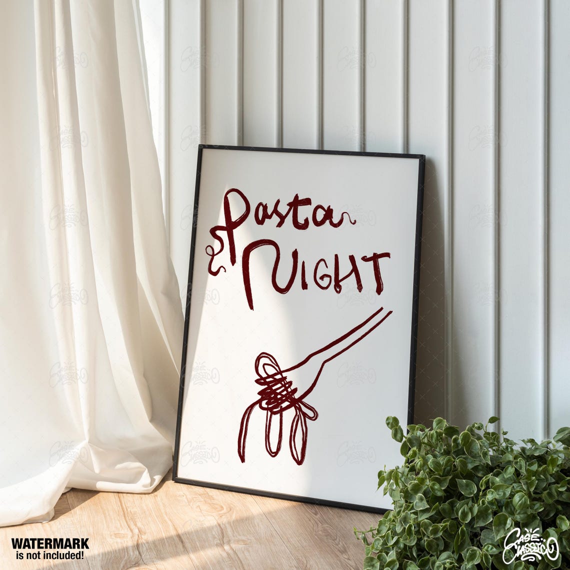Pasta Night Handwritten Script Fork Spaghetti Kitchen Wall Poster