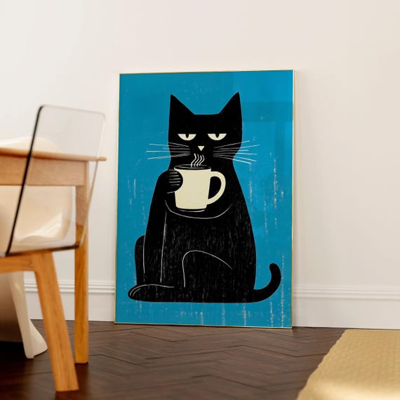 Funny Black Cat Coffee Print Whimsical Kitchen Wall Art