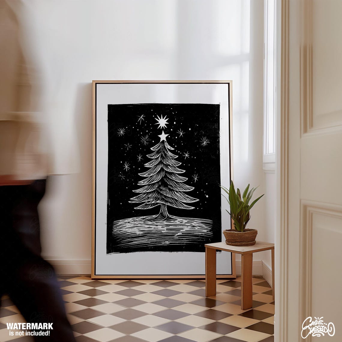 Starry Night Christmas Tree Lino Poster Black White Holiday Wall Decor