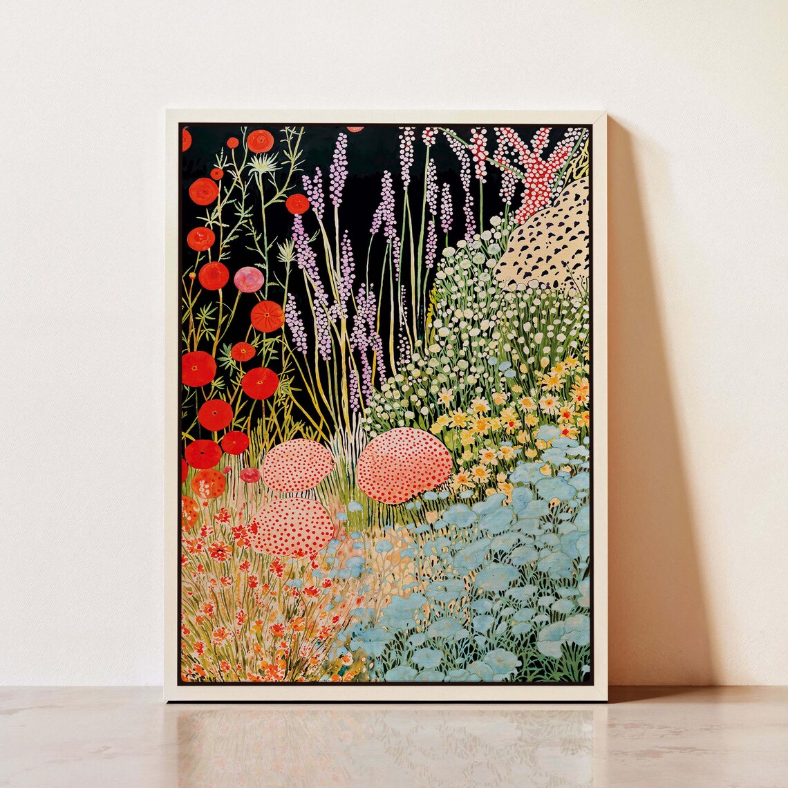Yayoi Kusama Red Poppy Meadow Lavender Black Night Garden Art Poster