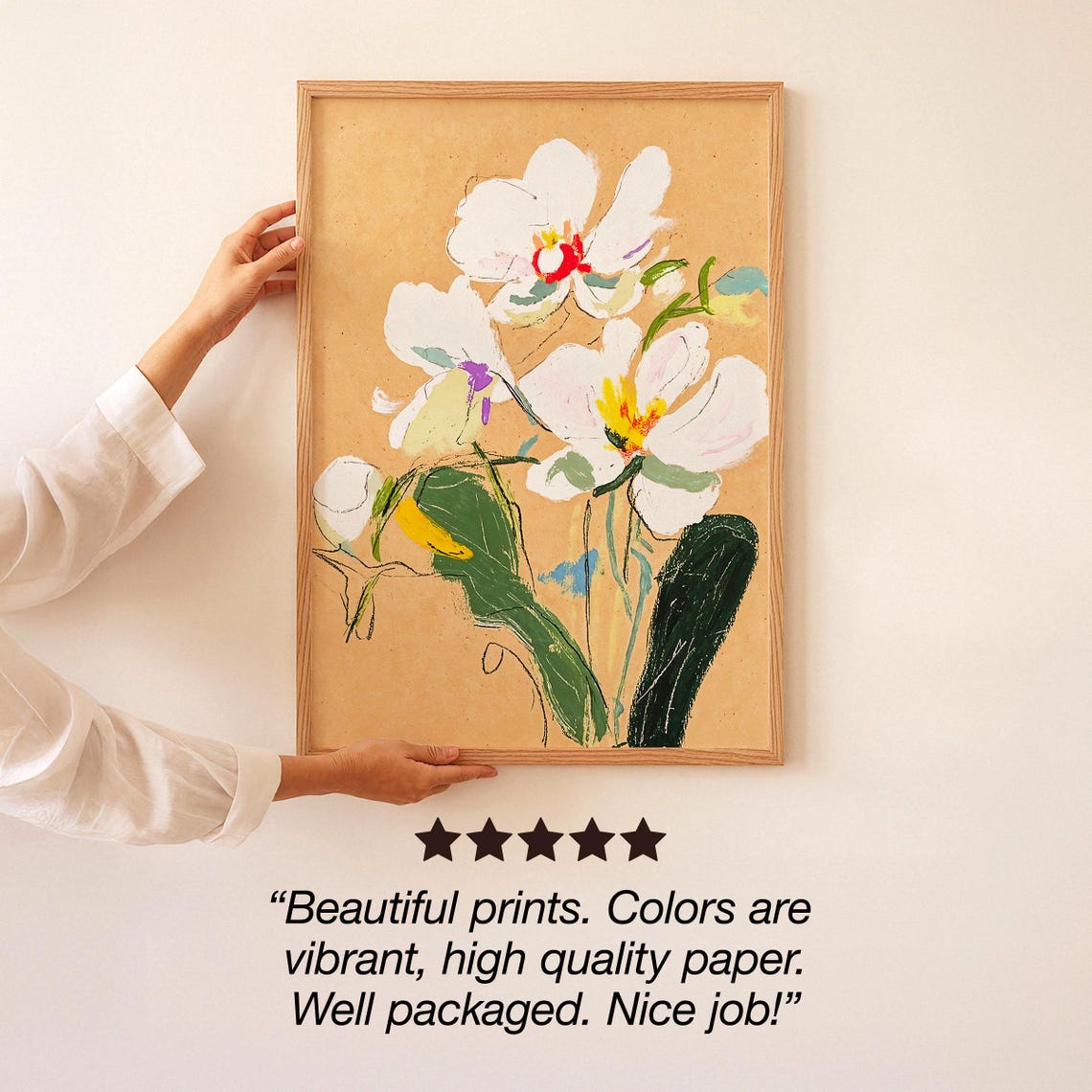 Freehand White Orchid Watercolor Painting on Kraft Botanical Poster - Image 3