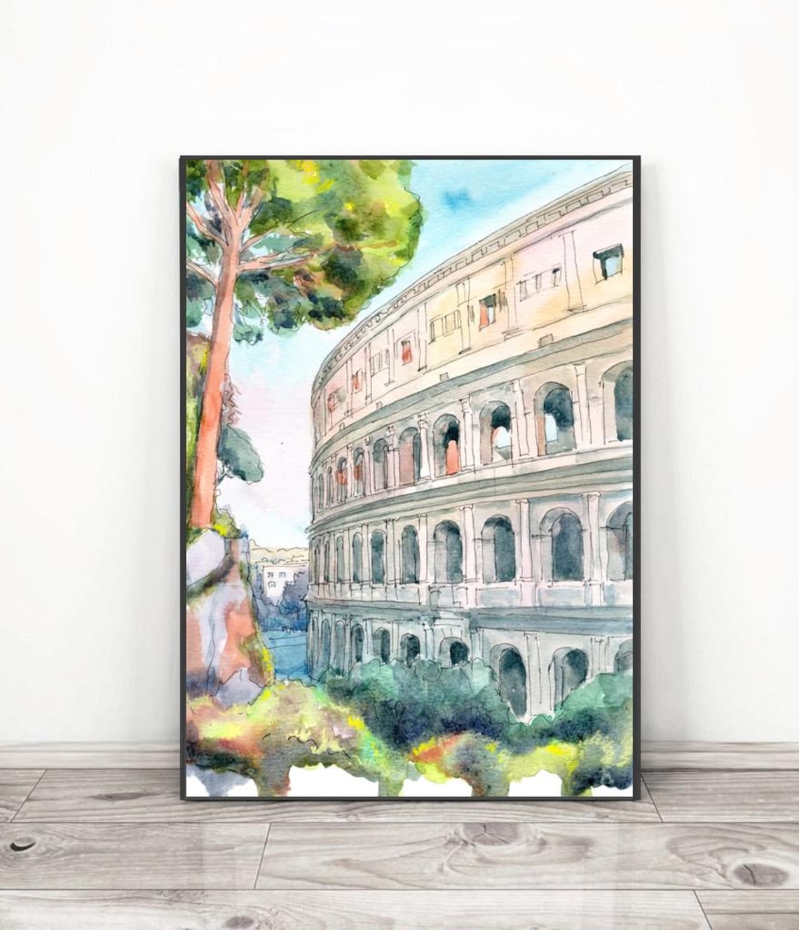 Rome Watercolor Italy Travel Poster, Colosseum