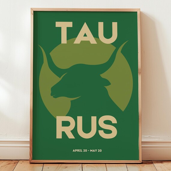Taurus Print Wall Art Green Zodiac Poster Modern Retro Vintage Sign Gift For Him Minimalistic Typography