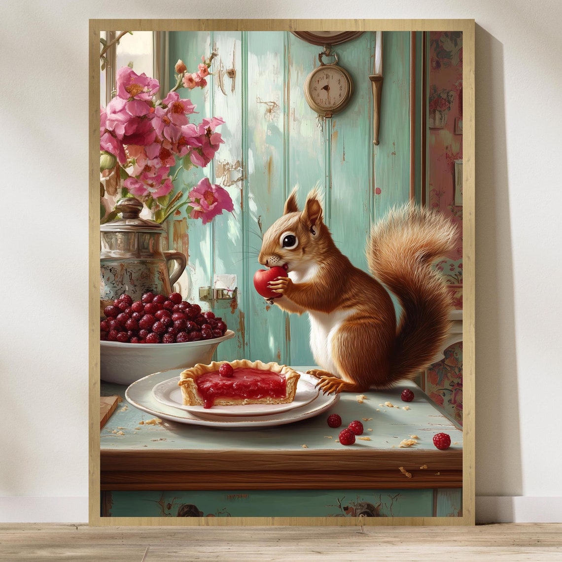 Charming Squirrel Nibbling Raspberries Beside Berry Tart Poster