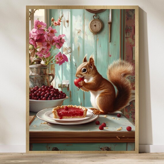 Charming Squirrel Nibbling Raspberries Beside Berry Tart Poster