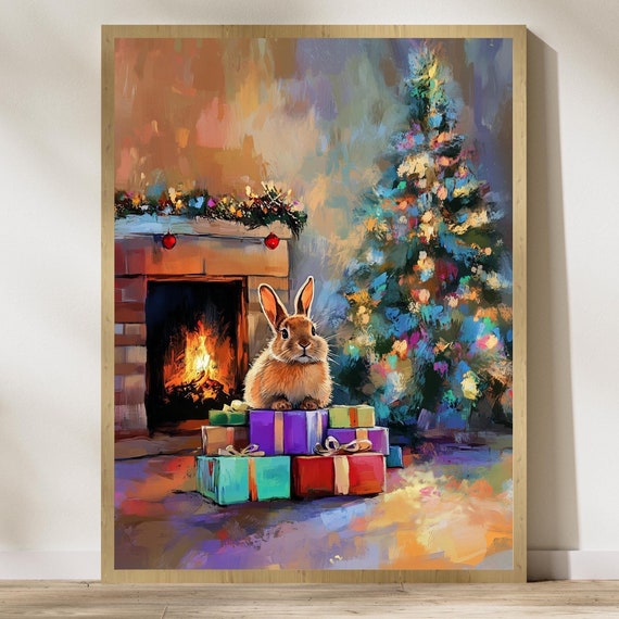 Cute Bunny Christmas Art Festive Animal Art Rabbit Christmas Art Winter Home Decor Cute Winter Art Print Bunny Christmas Art