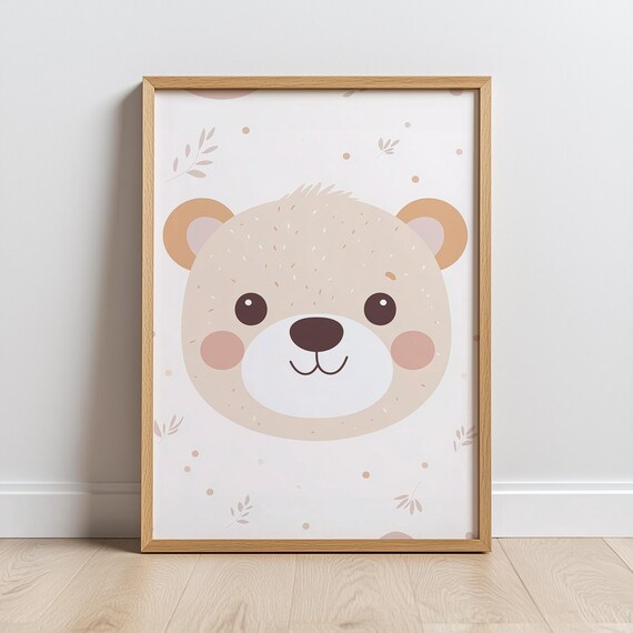 Smiling Bear Face Soft Neutral Modern Nursery Baby Room Wall Art Print Poster
