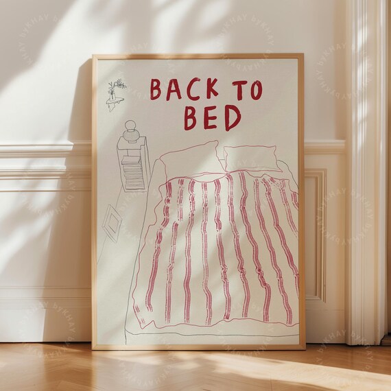 Framed Back To Bed Bed Print Bedroom Stripe Cute Mid Century Modern Line Drawing Sleep Poster Aesthetic Wall Art Trendy Decor Framed Print