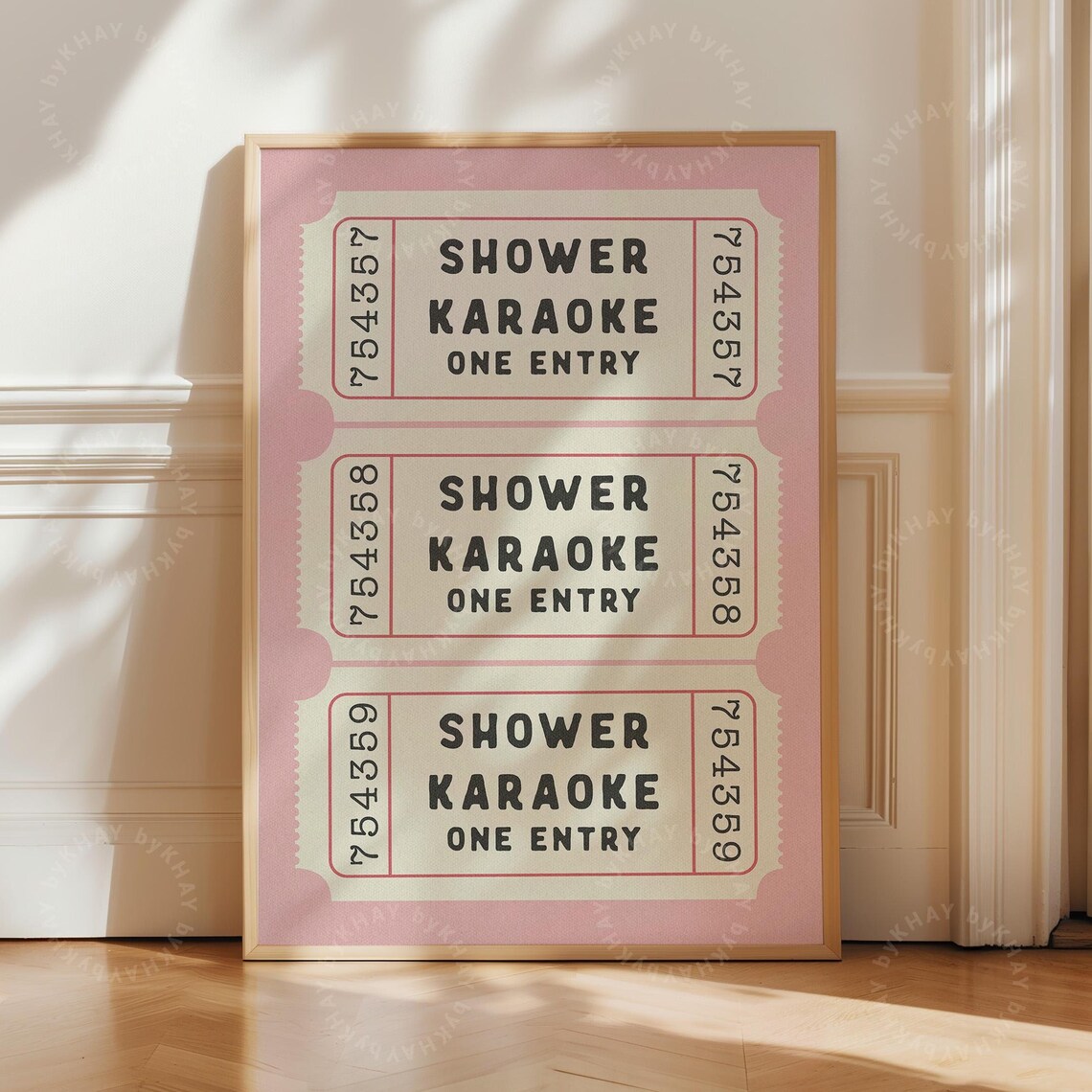 Shower Karaoke Ticket Print, Pink Retro Bathroom Art