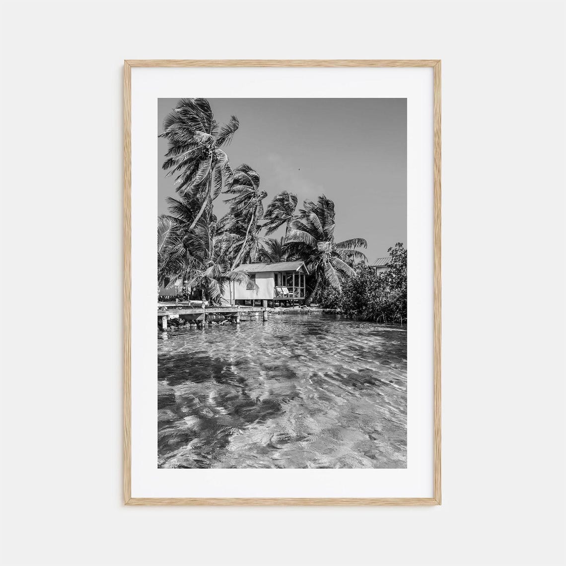 Belize Overwater Stilt House Palms Tropical Lagoon Black White Poster