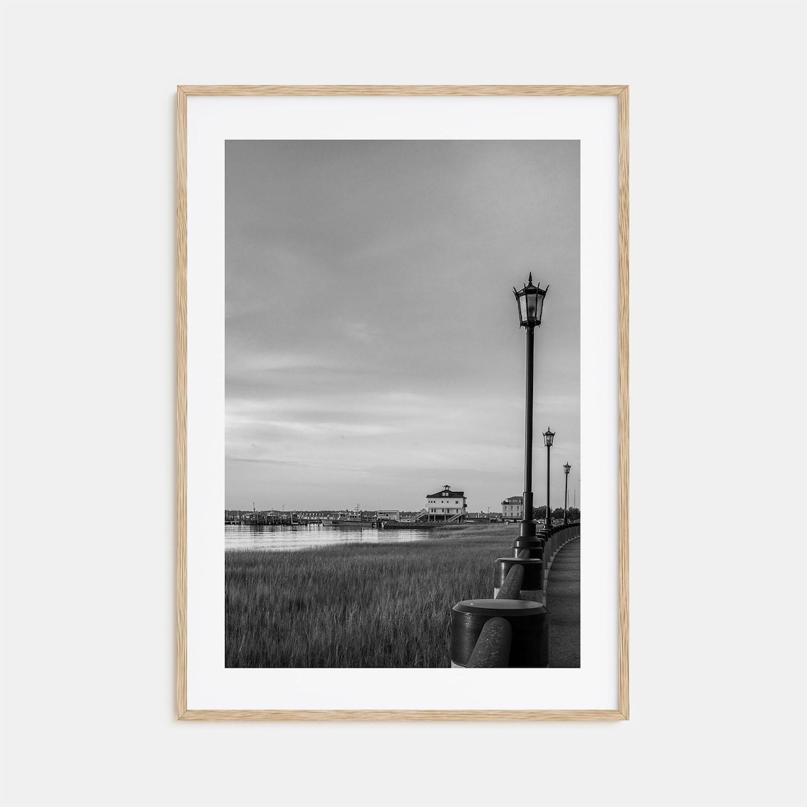 Charleston Waterfront Promenade Marsh Lamps Black and White Poster