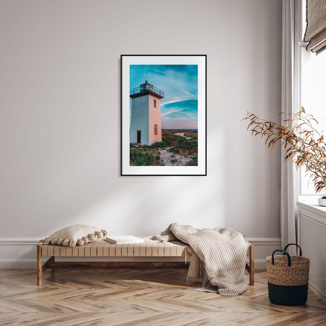 White Square Lighthouse Sand Dunes at Dusk Teal Sky Coastal Poster - Image 2