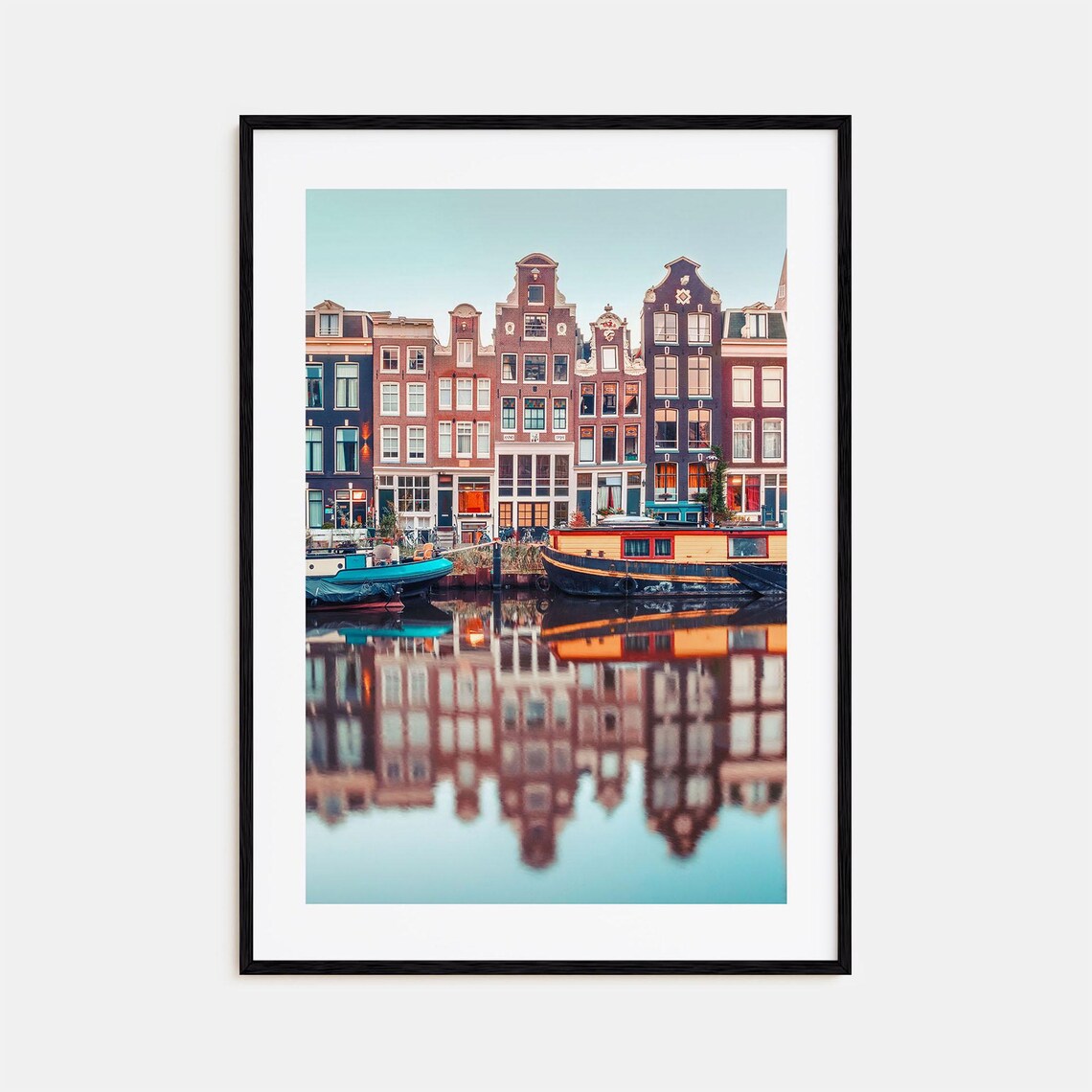 Amsterdam Canal Houseboats Mirror Reflection at Dusk Photo Poster