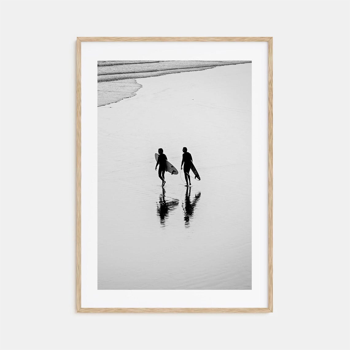 Two Surfers Walking on Wet Sand Beach Reflections Photo Poster