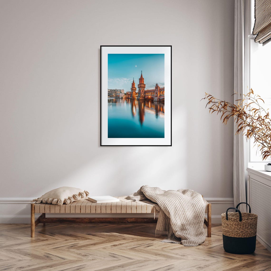 Berlin Oberbaum Bridge Poster Dusk Moonlit River Reflection Art - Image 2
