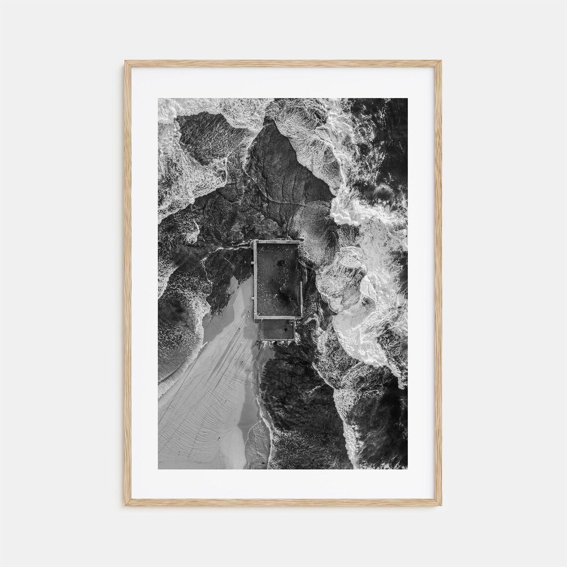 Aerial View Of Ocean Rock Pool And Surf Waves Black And White Poster