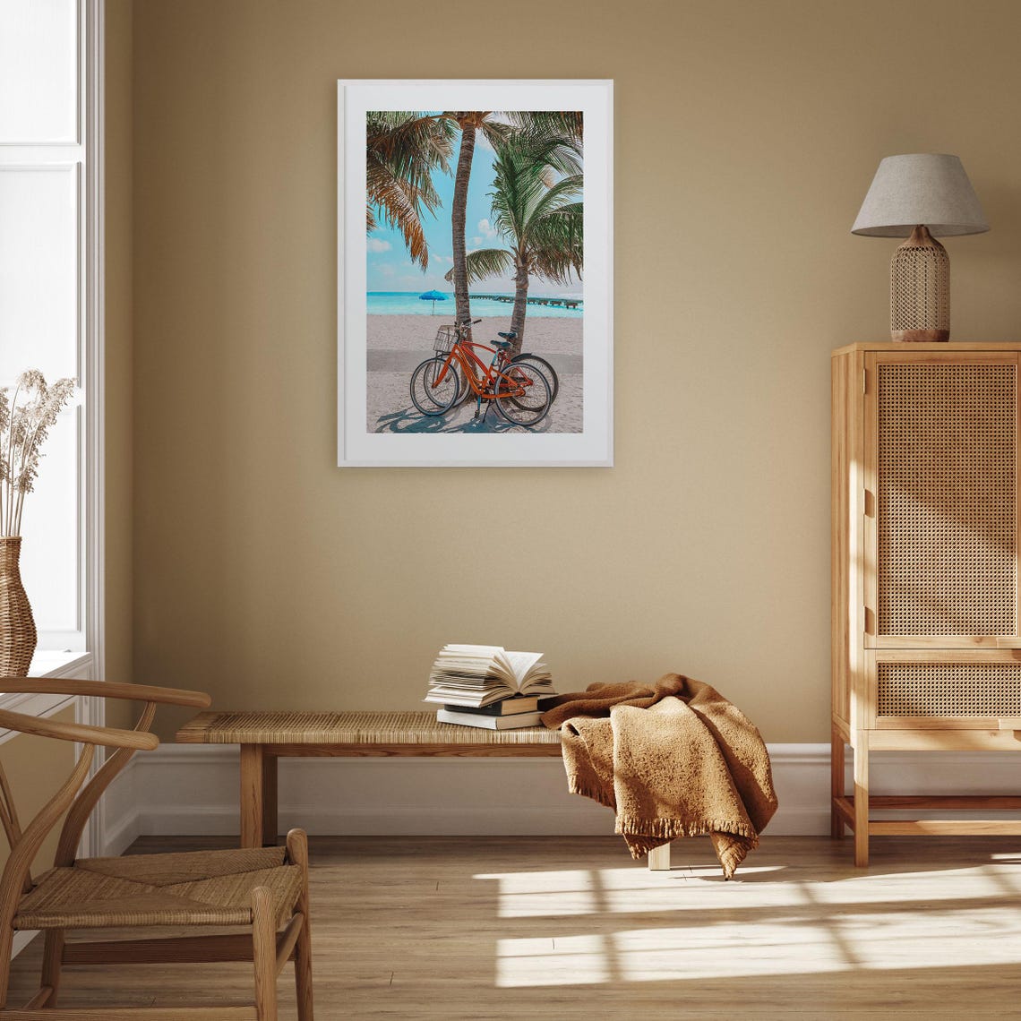 Beach Bicycles Palm Trees Turquoise Ocean Summer Photo Print - Image 3