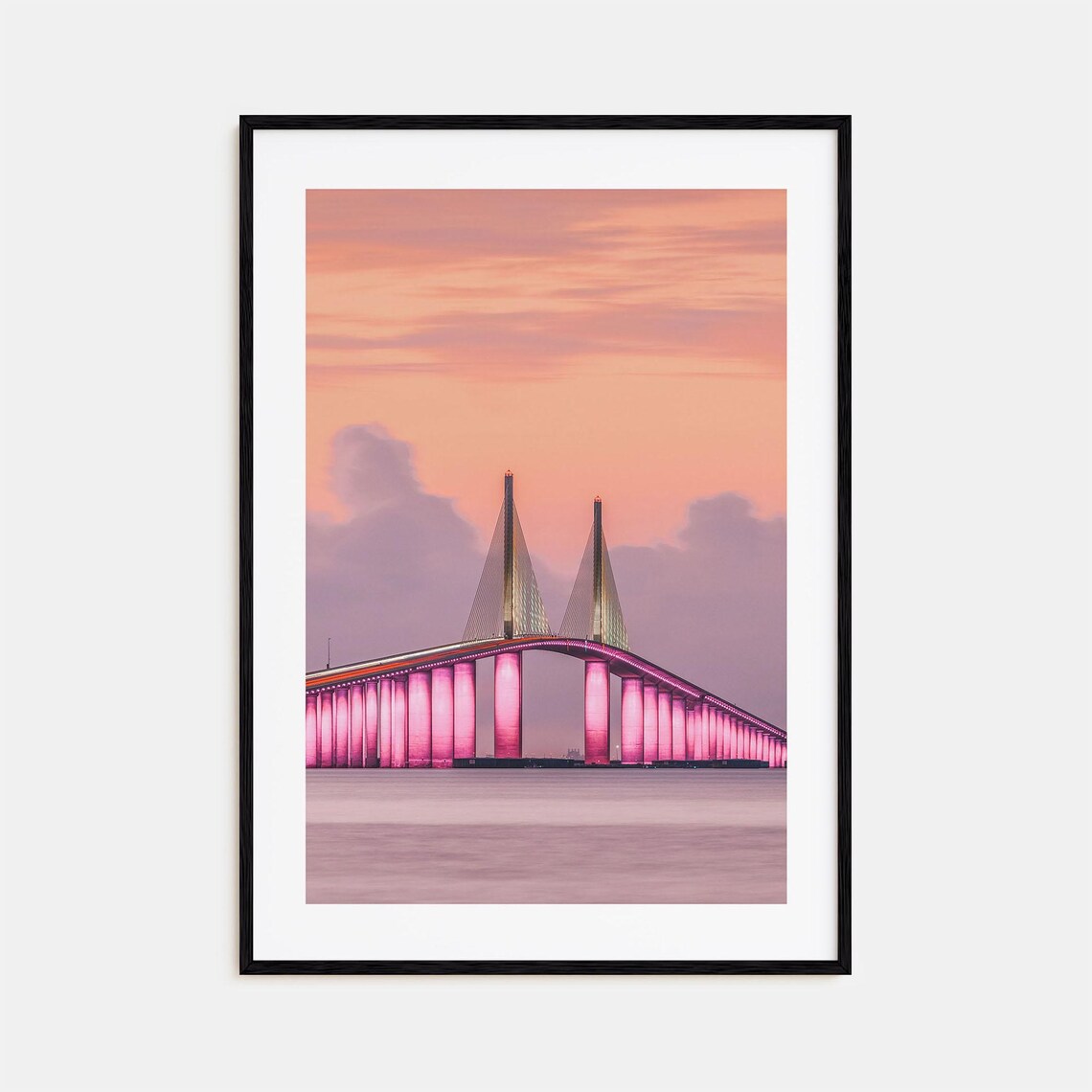 Tampa Sunshine Skyway Bridge Lit Up at Dusk Over the Bay Poster