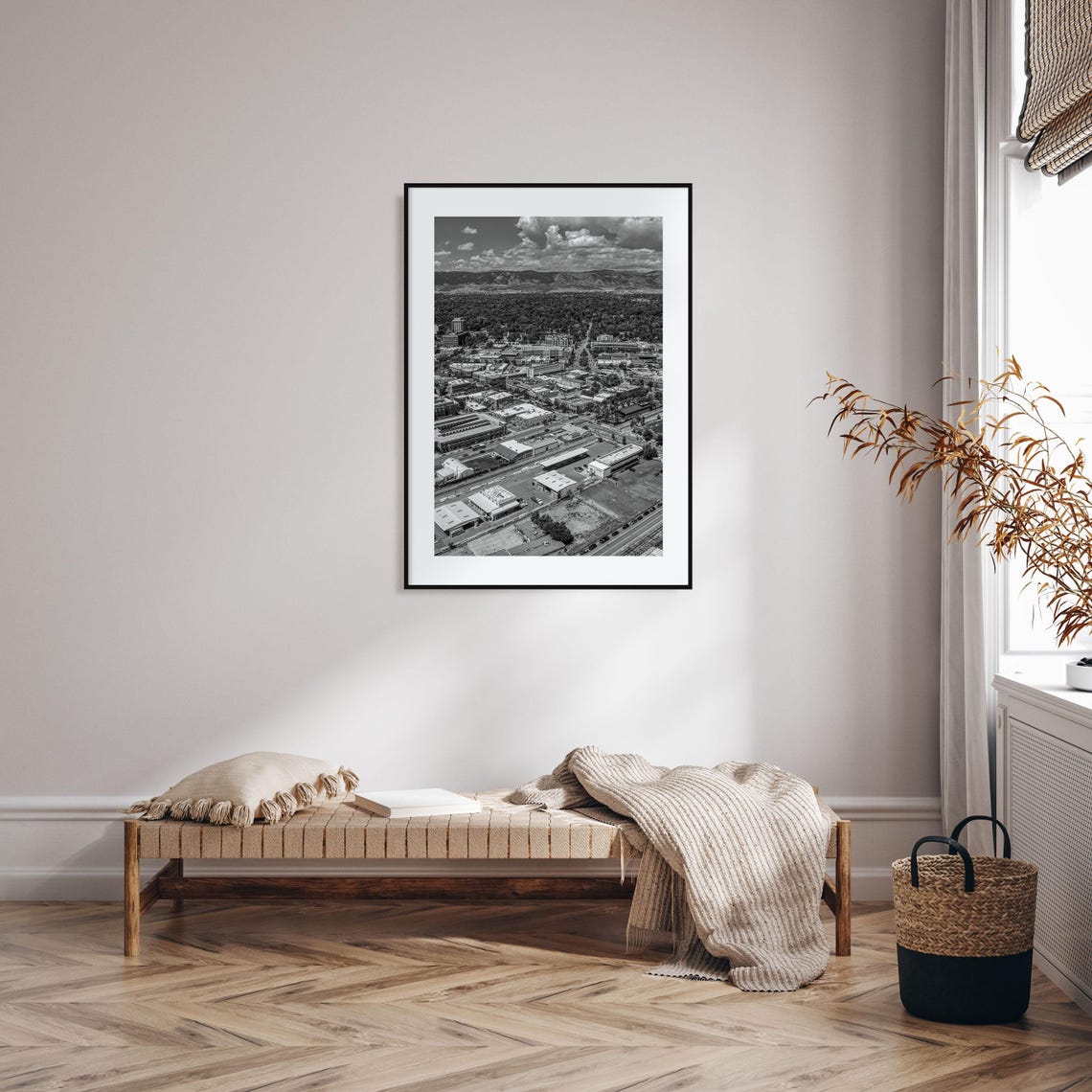 Fort Collins Black And White Aerial View Downtown Mountains Poster - Image 2