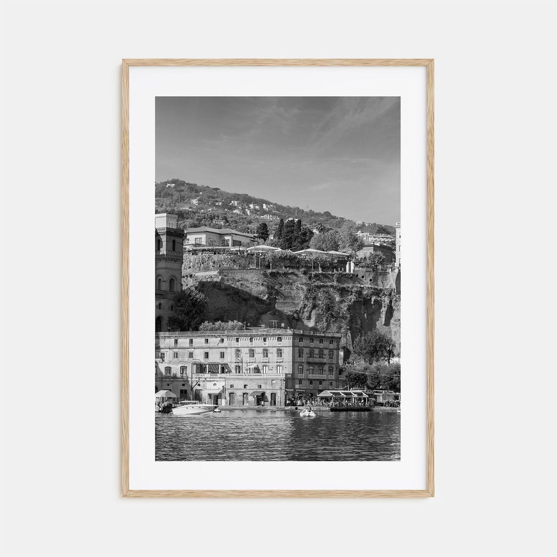 Sorrento Italy Waterfront Cliffs Harbor Black and White Poster