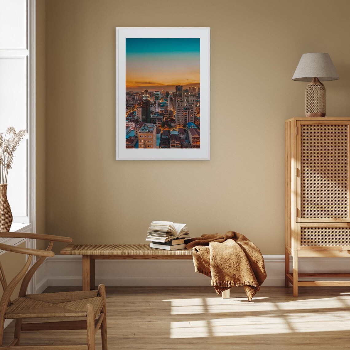 City Skyline at Sunset Aerial View Glowing Urban Lights Print - Image 3