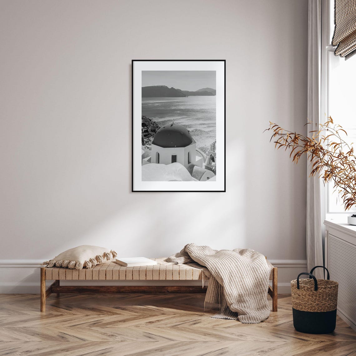 Greece Santorini Blue Dome Church Caldera Black and White Poster - Image 2