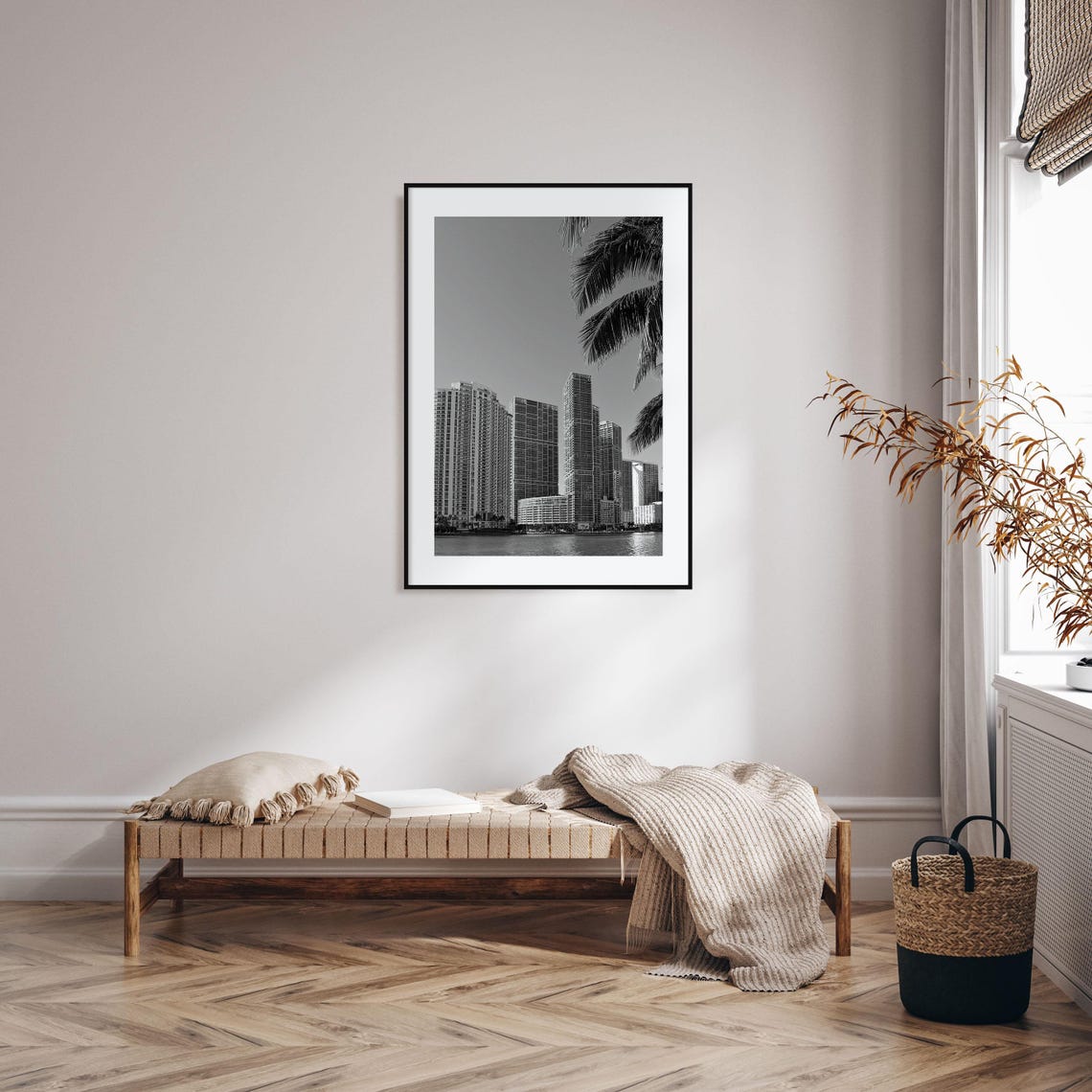 Miami Downtown Towers Palm Trees Waterfront Black and White Poster - Image 2