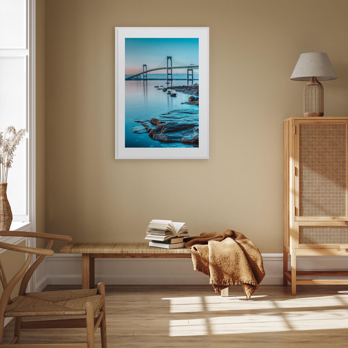 Coastal Suspension Bridge Calm Water Sunset Rocky Shoreline Poster - Image 3
