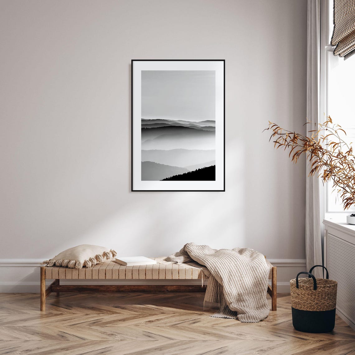 Layered Misty Mountain Ridges In Fog Minimalist Black White Poster - Image 2