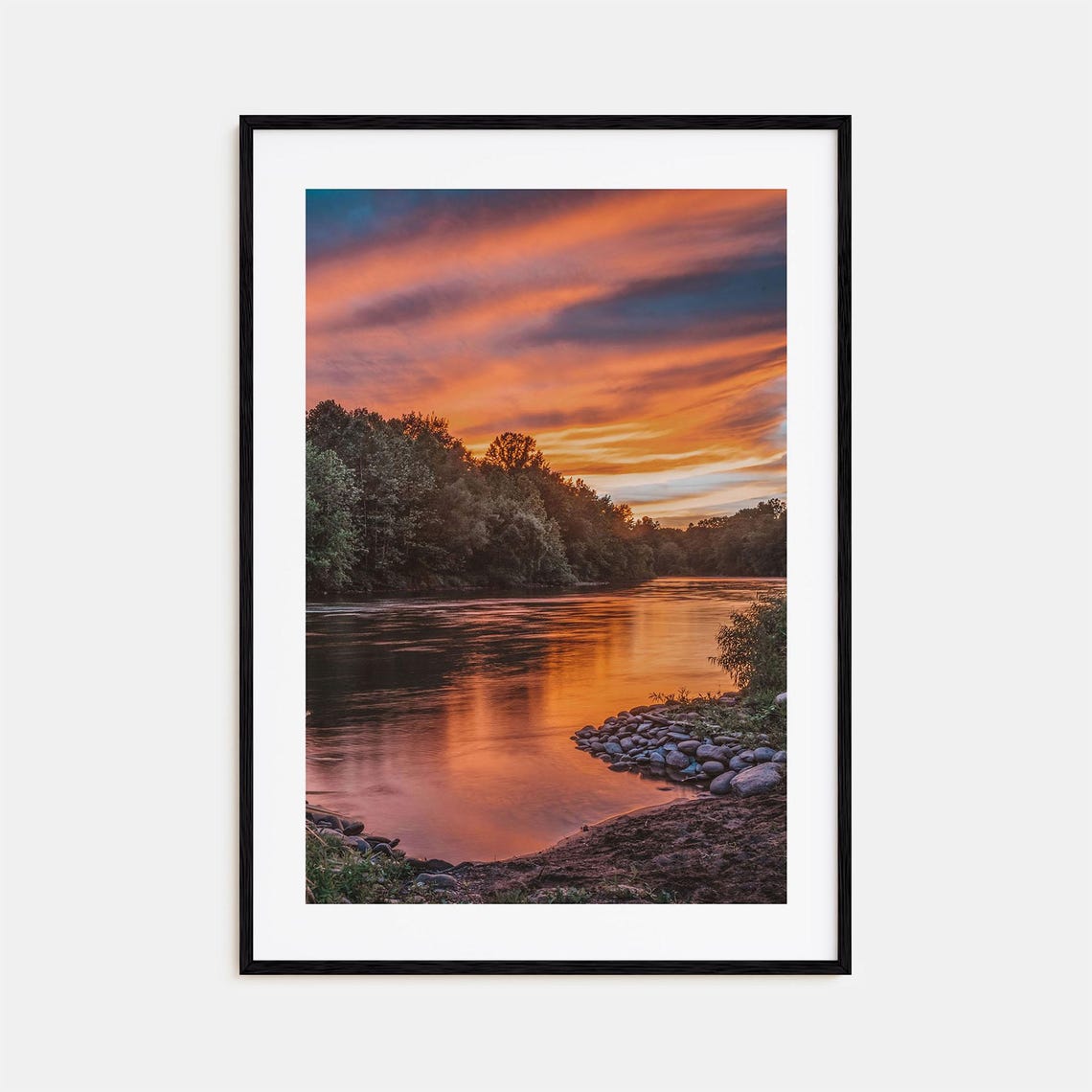 River Sunset Orange Sky Reflection Forest Water Landscape Print