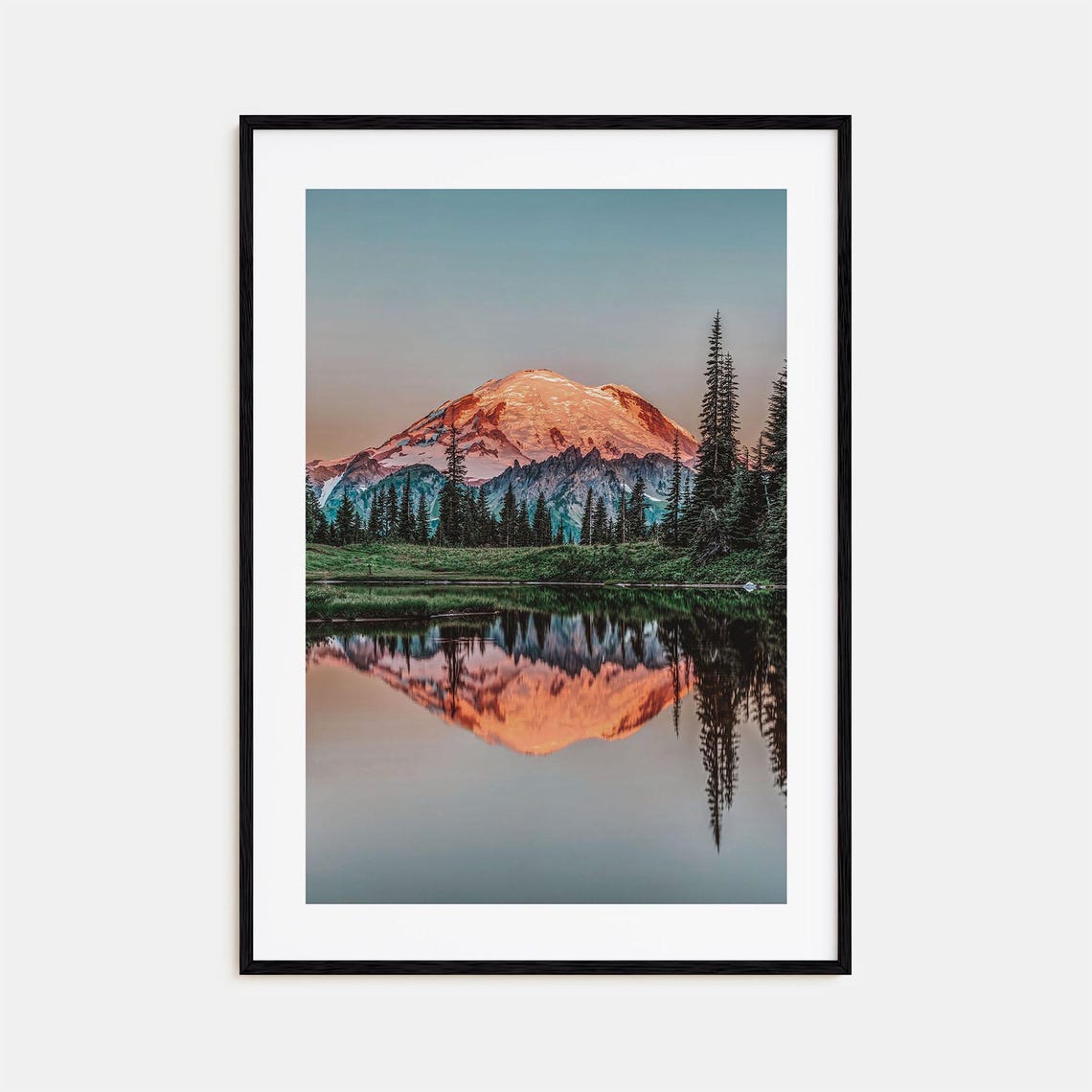 Mount Rainier Snowcapped Peak Lake Reflection Sunrise Poster