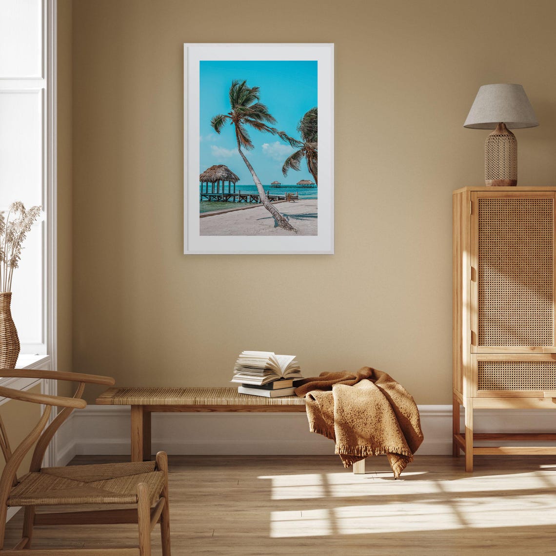 Belize Tropical Beach With Palm Trees And Thatched Pier Photo Poster - Image 3