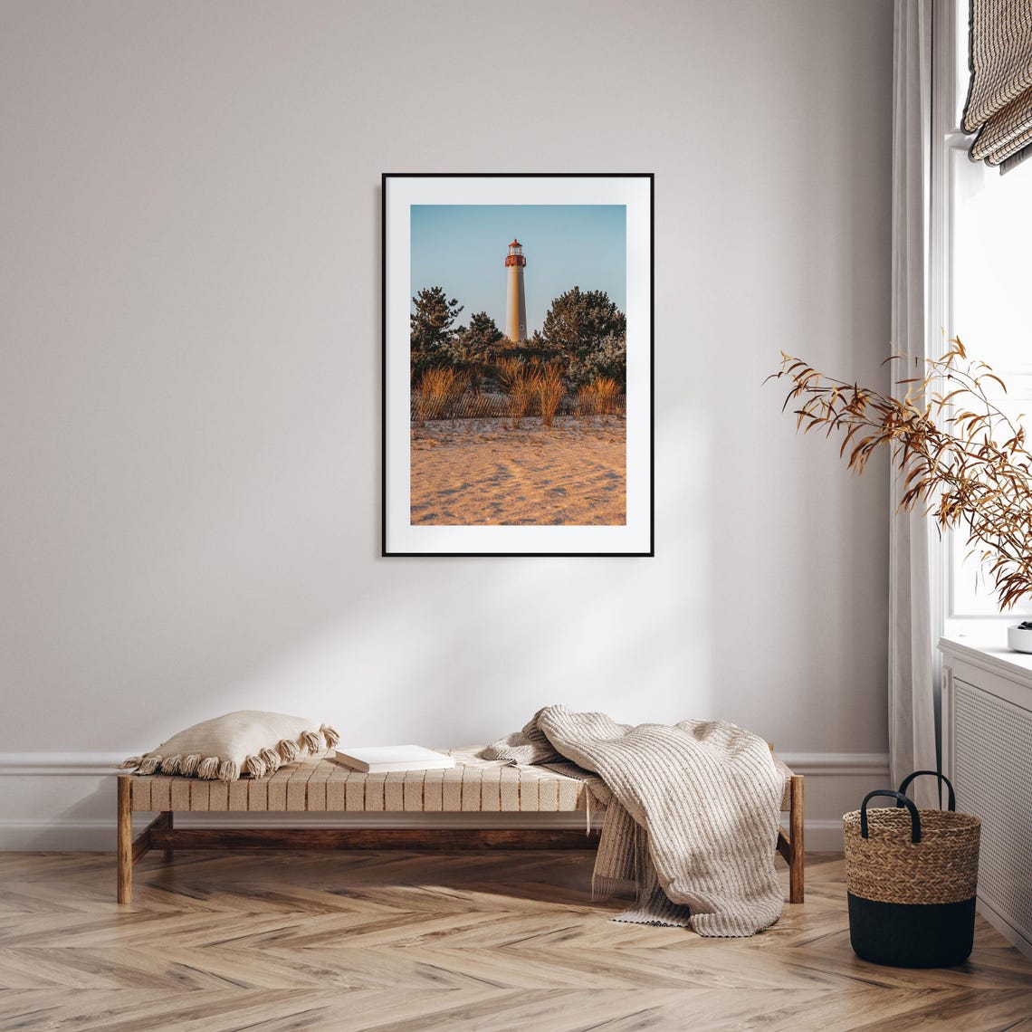 Cape May Lighthouse Over Beach Dunes at Golden Hour Sunset Poster - Image 2