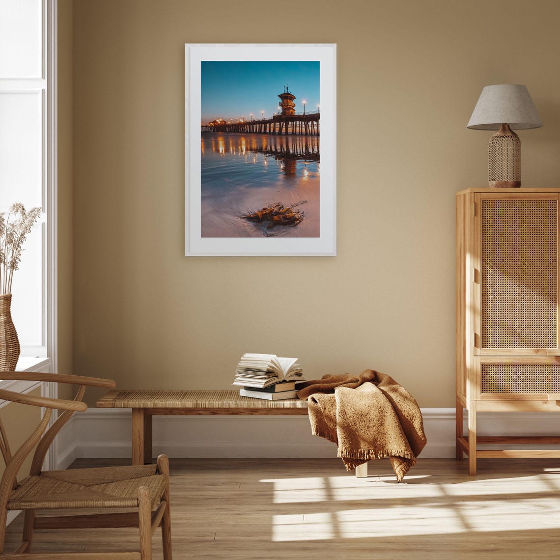 Ocean Pier Glowing at Blue Hour with Lights Reflected on Water Print - Image 3