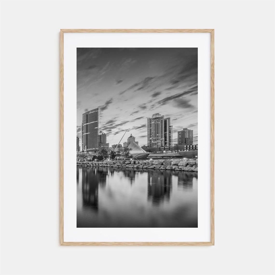 Milwaukee Lakefront Skyline Water Reflection Black And White Poster