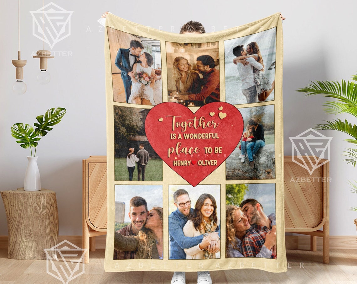 Personalized Couple Blanket Together Is A Wonderful Place To Be Fleecesherpa Blanket Couple Custom Gift For Husband Photo Collage