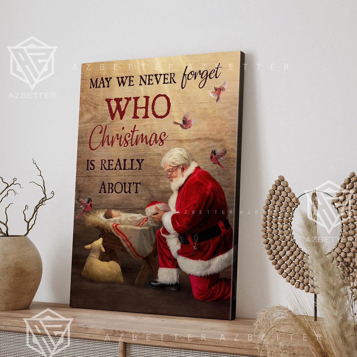 Santa Kneeling Before Baby Jesus Christmas Faith Nativity Scene Poster