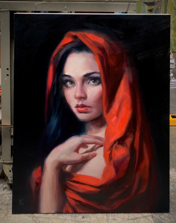 Woman In Red Hood Dramatic Oil Painting Portrait Beauty Poster