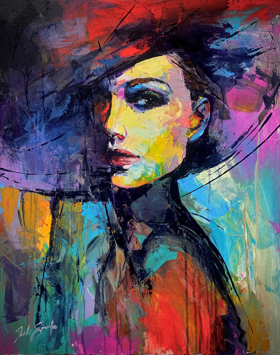 Abstract Colorful Woman Portrait Vivid Oil Painting Art Poster - Image 2