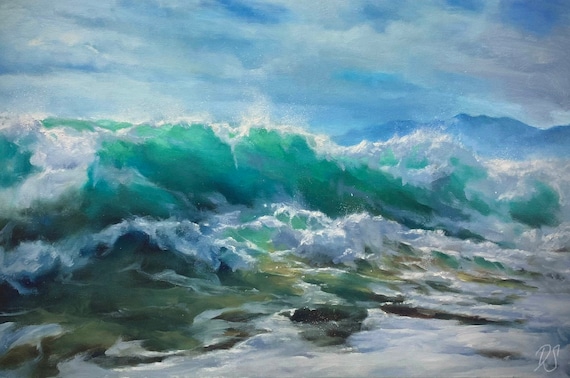 Turquoise Ocean Tidal Wave Crashing With Foam Seascape Art Poster