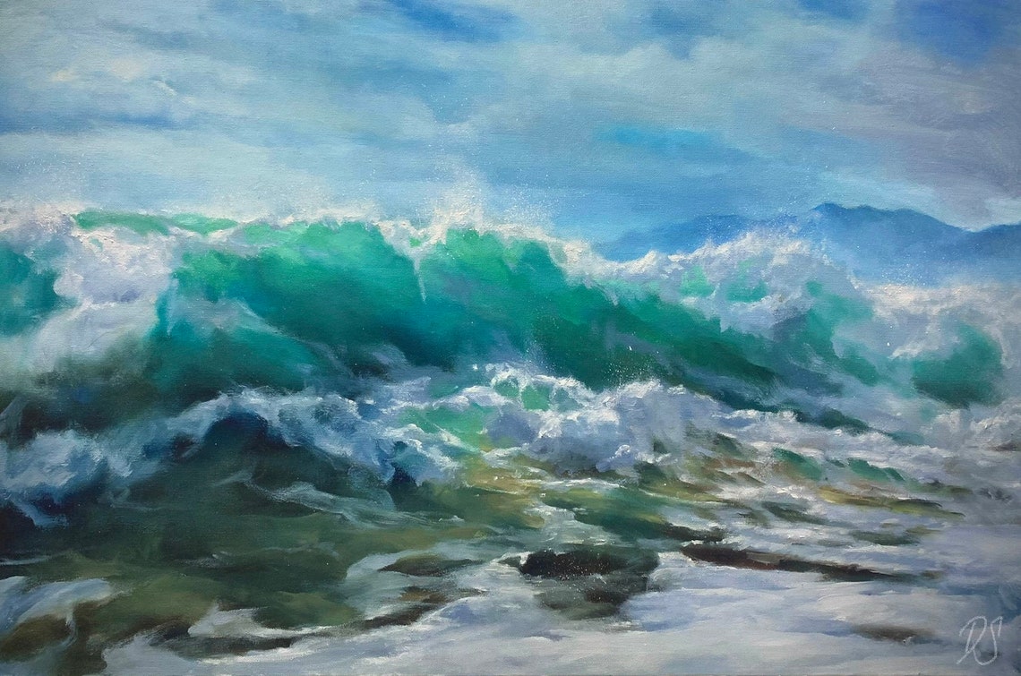 Turquoise Ocean Tidal Wave Crashing With Foam Seascape Art Poster