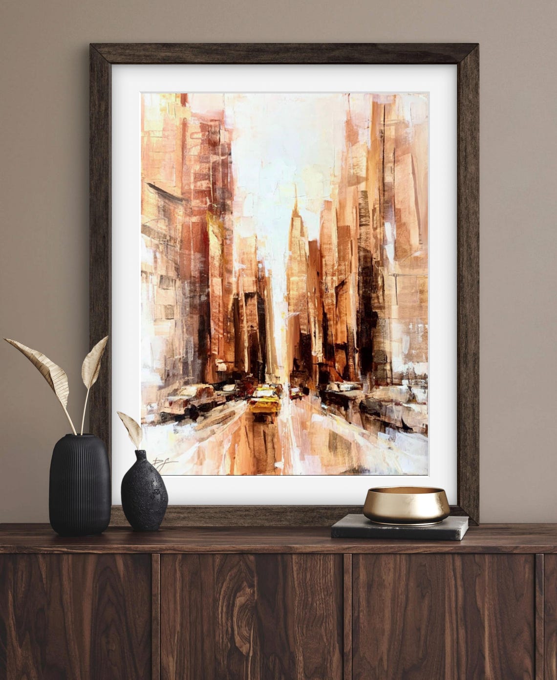 Sunlit City Street With Yellow Cab Abstract Urban Painting Poster