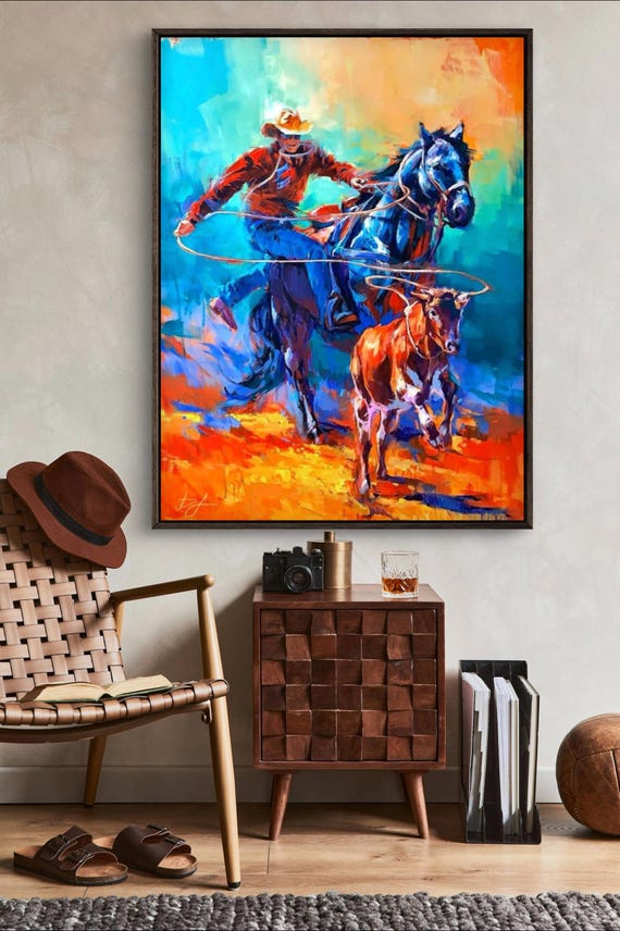 Original Painting Pursuit 36x48 Acrylic On Breakaway Roping Decor Cowboy Vibrant Artwork Rodeo Gifts Srampede Art