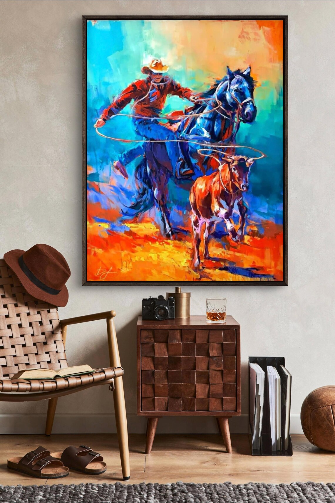 Cowboy Roping Calf Western Rodeo Oil Painting Action Art Poster