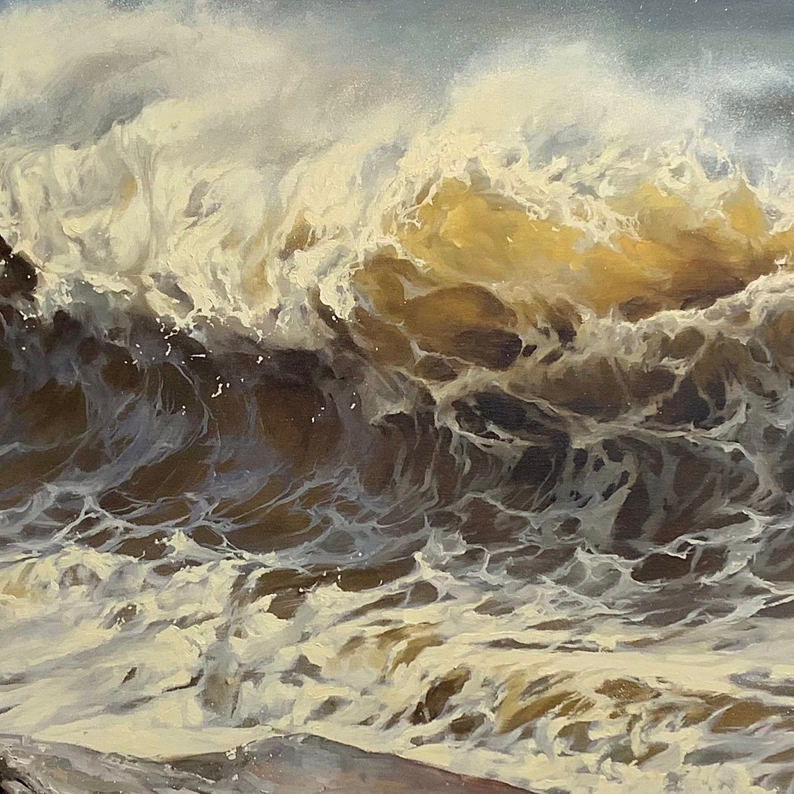 Powerful Dark Ocean Waves Crashing Over Rocks Golden Foam Poster - Image 3