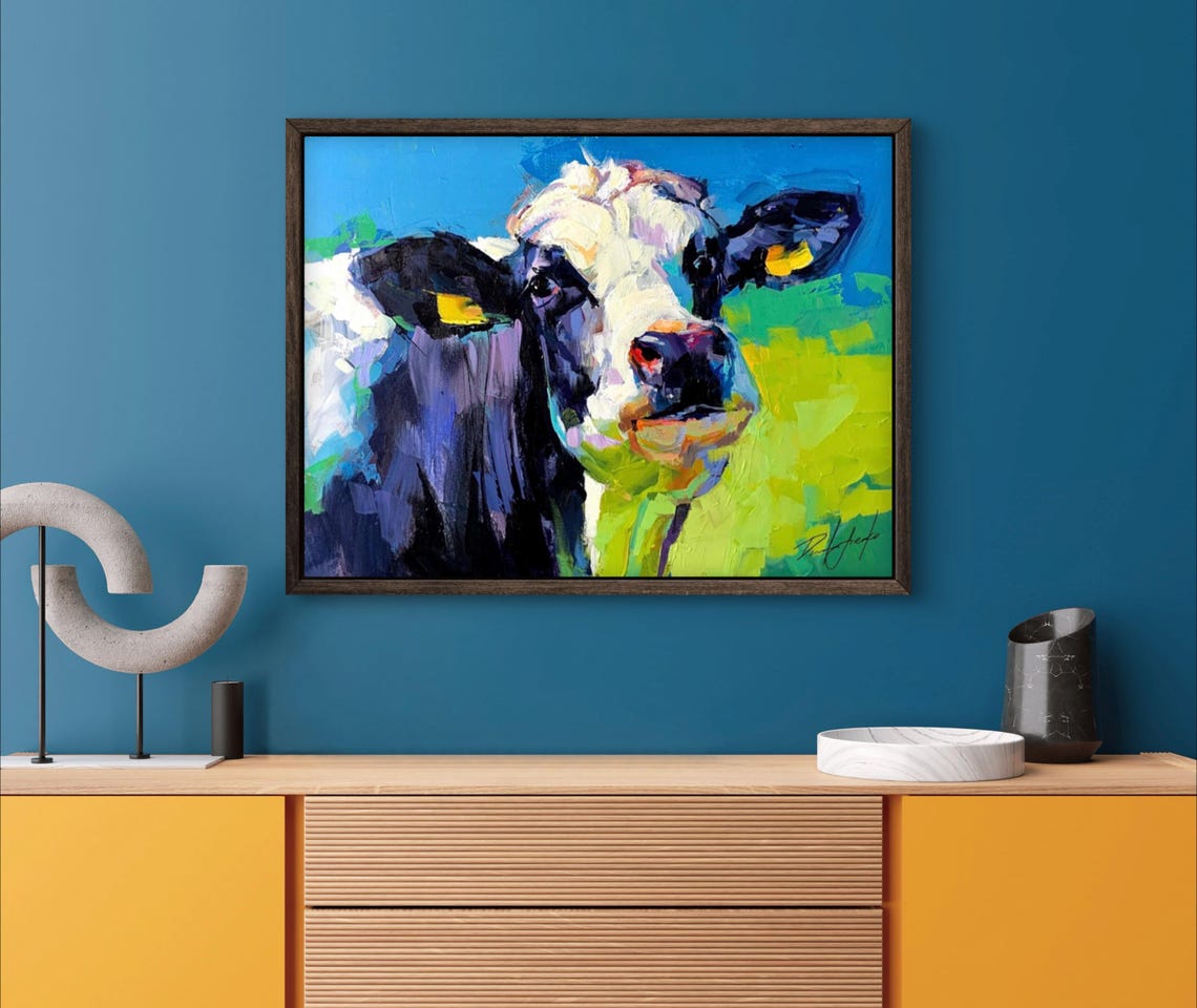 Black and White Cow Face Playful Colorful Pasture Animal Poster