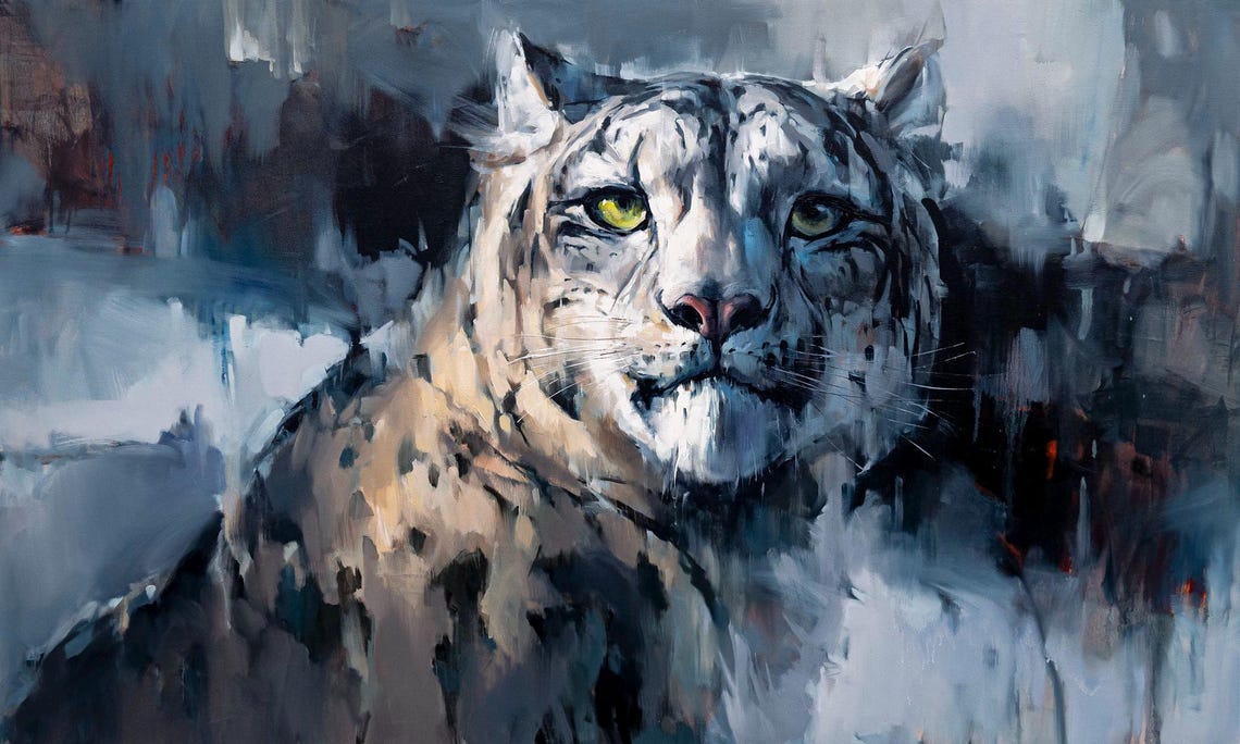 Snow Leopard Piercing Green Eyes Misty Mountain Wild Cat Poster